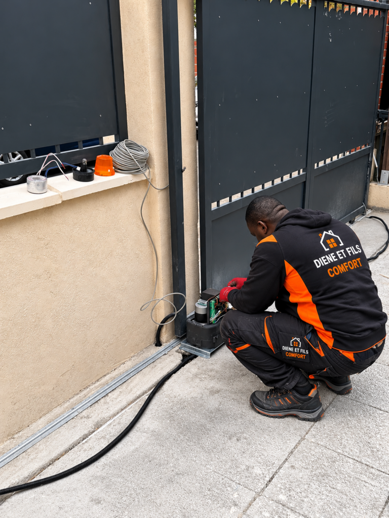 Électricien Diene et Fils Comfort installant le moteur d’un portail coulissant, avec feu clignotant et câblage prêts à poser