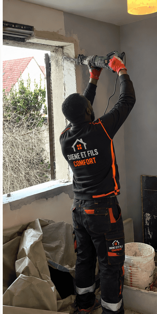 Maçon Diene et Fils Comfort découpant le mur à la scie pour agrandir une ouverture de fenêtre