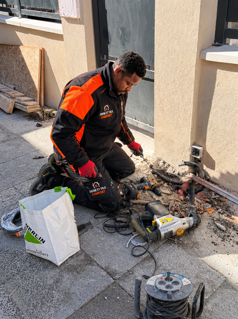 Électricien Diene et Fils Comfort creusant une tranchée au pied d’un portail pour passer la gaine d’alimentation du moteur
