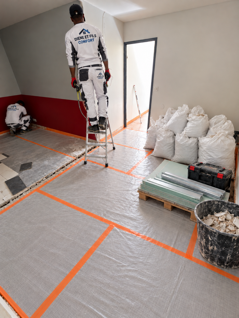 Équipe Diene et Fils Comfort en rénovation : électricien sur escabeau reprenant le câblage, dépose du carrelage, sol protégé et gravats ensachés