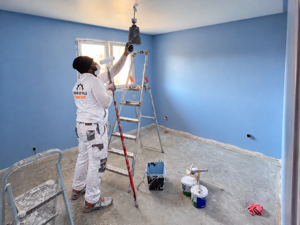 Peintre Diene et Fils Comfort peignant le plafond d'une chambre aux murs bleus lors d'une rénovation